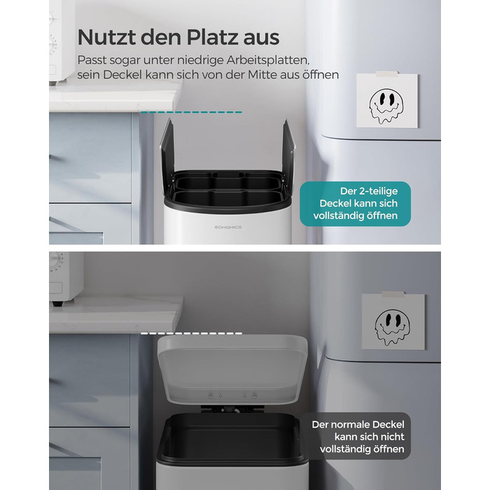 Сміттєве відро SONGMICS для кухні з сортувальником, 30 л + 20 л, 2 відділення, з педаллю, білий + металік срібло