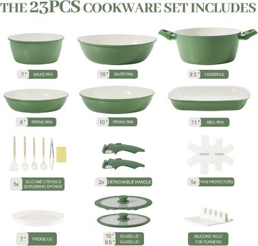 Набір посуду керамічний 23 предмети з антипригарним покриттям та знімними ручками, чорний. Підходить для всіх типів плит, включаючи індукційні. Сковороди 20/26 см, каструля 18 см, сотейник 24 см. Можна використовувати в духовці.