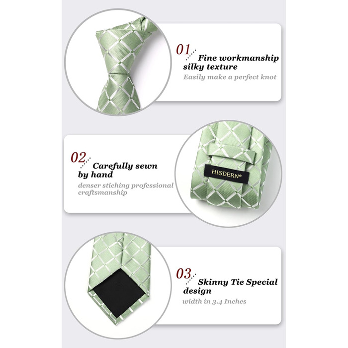 HISDERN Комплект краватки та кишенькового хустинки в клітинку для чоловіків (світло-зелений)