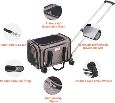 Тролей для собак VEVOR, складаний рюкзак для собак до 15,8 кг, переноска з оксфордської тканини 600D, 4 колеса, кишені для зберігання, ідеально для подорожей на авто та виїздів (сірий, 11 кг)
