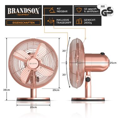 Настільний вентилятор Brandson з мідним дизайном: 3 швидкості, осциляція 80°, нахил 40°, металевий корпус (E: Рожевий)