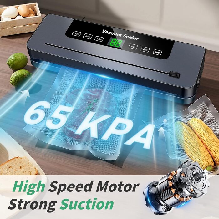 Вакуумний пакувальник 6-в-1 з цифровим LED-дисплеєм та 30 см зварювальною лінією, 50 шт. вакуумних пакетів, зовнішній шланг, для сухих та вологих продуктів, срібла