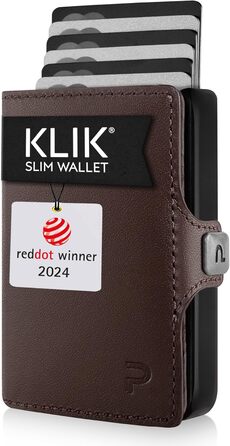 PURISTO KLIK: Тонкий міні-портмоне для чоловіків з натуральної шкіри. RFID захист, 12 карт, без відділу для монет. Колір: темно-коричневий