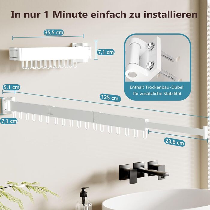 Настінна сушарка для білизни JAUREE: розкладна, трисекційна, з 18 гачками, для дому та вулиці, біла