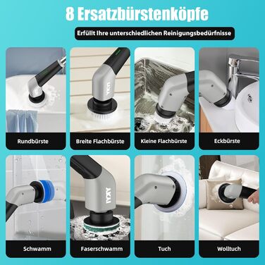 Електрична щітка для прибирання YKYI, Spin Scrubber з 8 насадок, водонепроникна IPX7, для ванної, підлоги, кухні, білий (сірий)