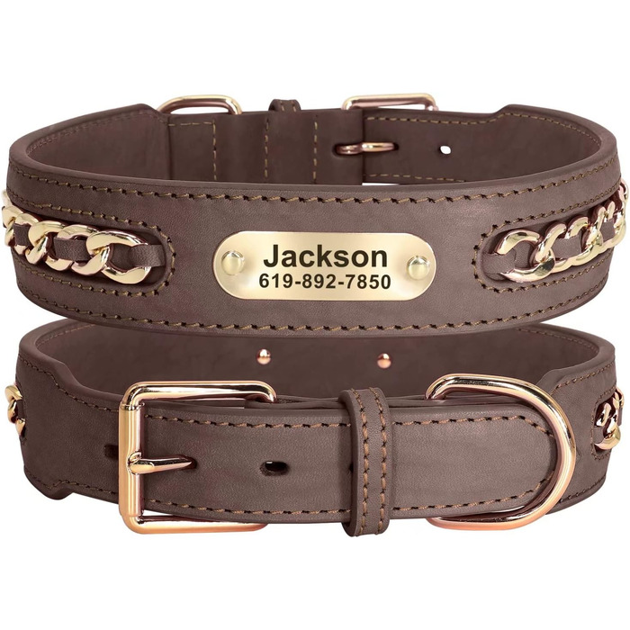 Нашийник для собак Didog з натуральної шкіри, плетений, з персоналізованою гравіюваною табличкою, регульований, міцний, чорний, розмір L (17.0-20.0 см, ширина 3.2 см)