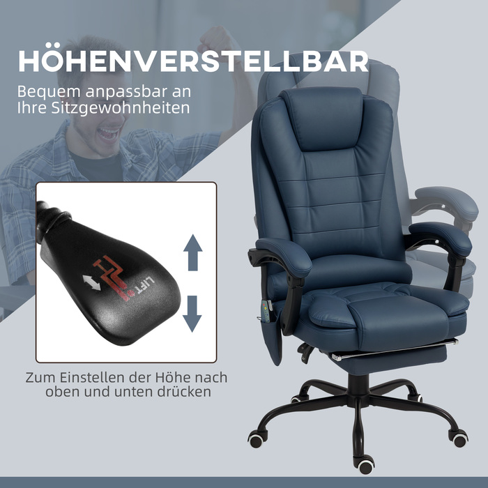 Vinsetto Massage Office Chair with 7 Vibration Points, Adjustable Footrest & Backrest, Up to 120 kg (265 lbs), Faux Leather, Blue