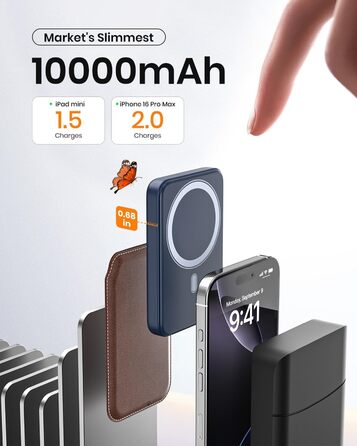 Power Bank A ADDTOP 10000mAh з підтримкою PD 20W та бездроговою зарядкою. LED дисплей, USB-C In/Out, сумісний з iPhone 17/16/15/14/13/12/Pro Max (Блакитний)