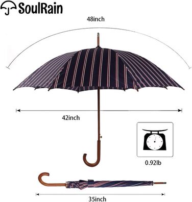 SoulRain Парасолька з класичною дерев'яною ручкою, автоматичне відкривання, вітростійка, прозора, незламна, 121.9 см, смугастий колір