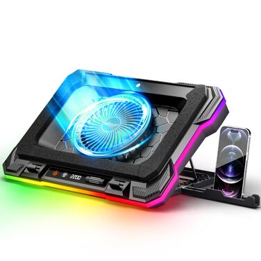 Охолоджувач для ноутбука MOOJAY RGB Gaming: потужний турбовентилятор, підставка з 8 рівнями регулювання висоти та тримачем для телефону, для ноутбуків 14-19 дюймів, підсвітка Ice Blue LED
