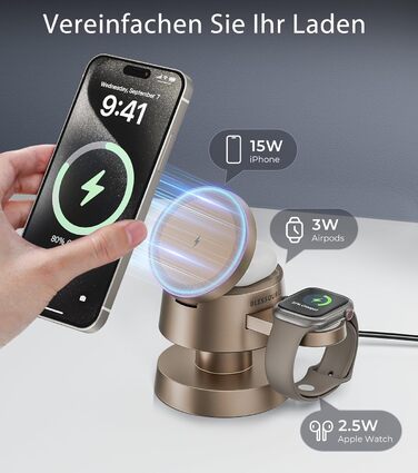 База для бездротової зарядки 4-в-1 для iPhone 17/16/15/14 Pro Max з нічним світлом, сумісна з Apple Watch та AirPods (Золота)