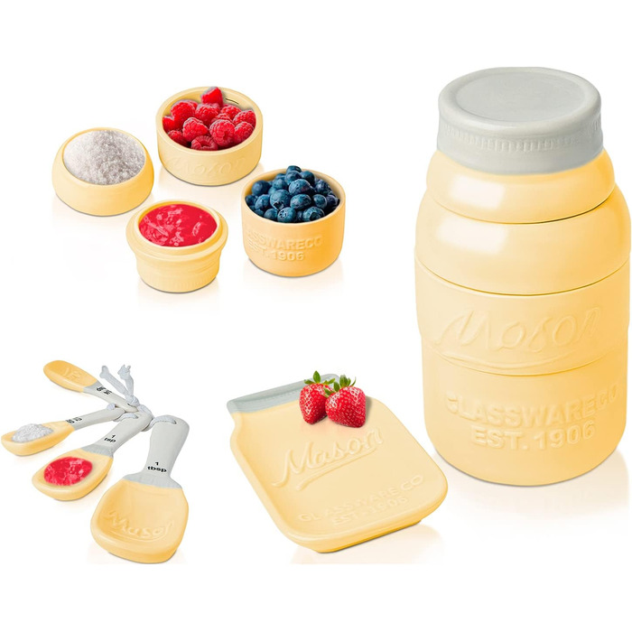 Comfify Vintage Kitchen Set - Multi-Piece Kitchen Ceramic Decor Set with 4 Measuring Cups, 4 Measuring Spoons, and Spoon Rest - Attractive Vintage Yellow - Embossed Ceramic