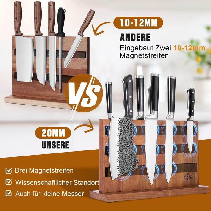 ENOKING Premium Plus Knife Block Magnetic Without Knives 38.6 x 23 cm, Double-Sided Magnetic Knife Holder Made of Acacia Wood, Magnetic Knife Block for Cutlery Display and Storage