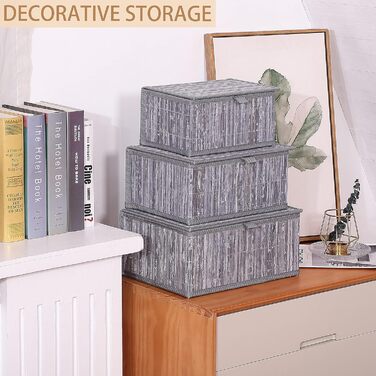 Honeycomb Storage Basket with Lid, Woven - Bamboo Decor Storage Boxes, Set of 3 Rattan Basket with Lid Woven Fabric Insert for Bathroom Kitchen Shelf Organization (Large/Medium/Small) (Gray Marble)