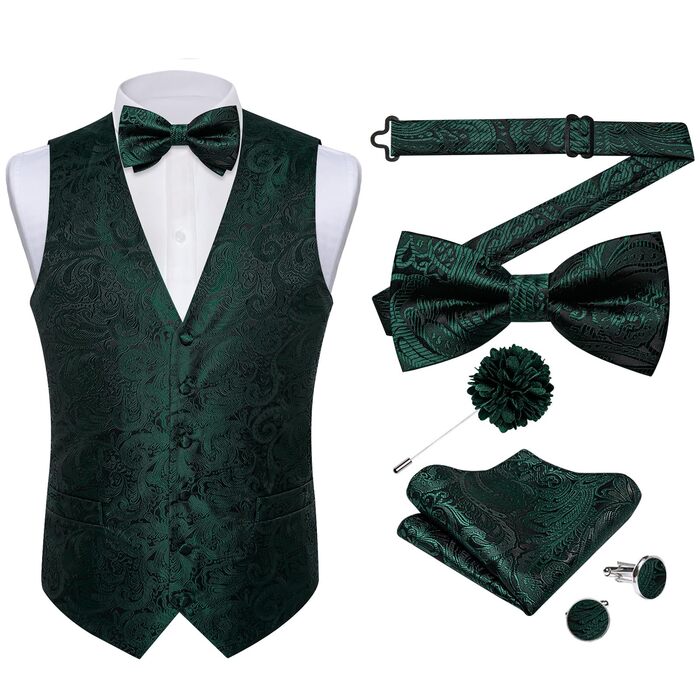 Костюмний аксесуар для чоловіків DiBanGu: 7-елементний комплект з краваткою, краватковою шпилькою та нагрудником, підходить для ділових костюмів та вечірнього одягу (Смарагдово-зелений та Чорний)