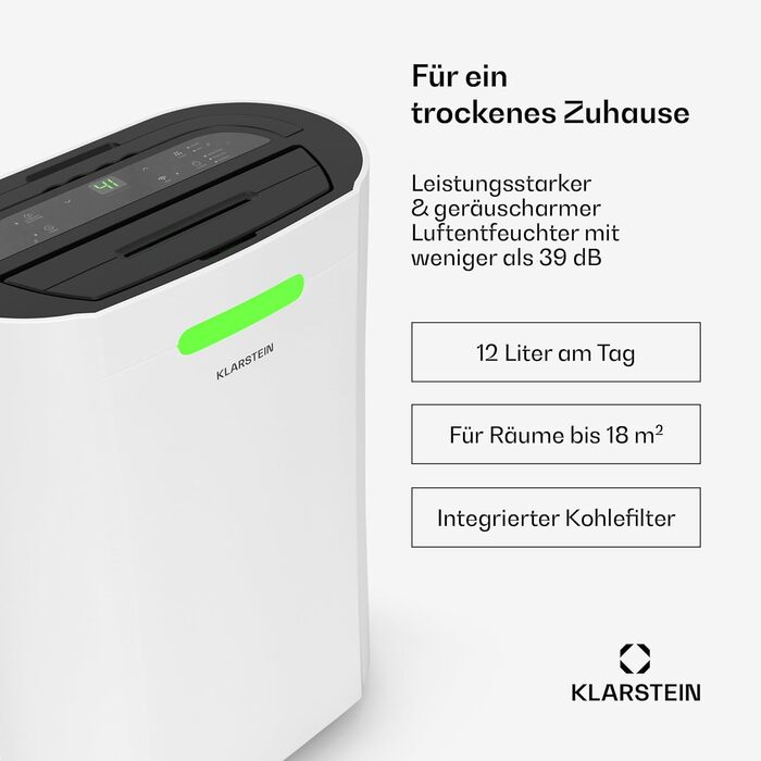 Klarstein AeroDry Smart 12л електросушарка - 12л/день, 2.5л резервуар, 39дБ, WiFi/App/Alexa, LED дисплей, таймер 24г, вугільний фільтр, для приміщень до 18м², преміум якість