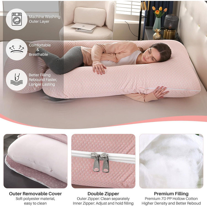 Подушка для вагітних GKXLH – підтримка спини, живота та стегон. J-подібна подушка для вагітних з охолодженням (рожевий)