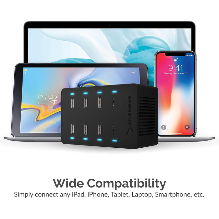 Зарядний пристрій Sabrent USB 60W 10 портів, станція швидкої зарядки з мережею для MacBook, USB-C ноутбуків, iPhone, Samsung Galaxy (AX-TPCS)