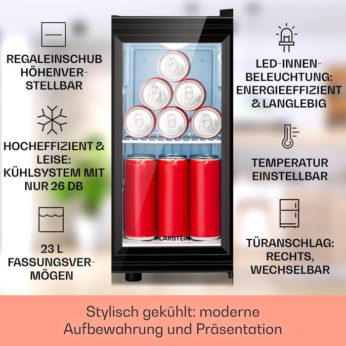Klarstein Mini Fridge with Glass Door - Beverage, Snack & Cosmetic Cooler, Compact & Quiet, Adjustable Shelves, Skincare Fridge 12-18°C, 42L, Black and White