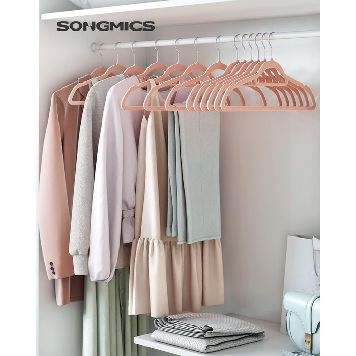 Плечики SONGMICS для одягу, велюрові, набір 50 шт., для сорочок, пальто, штанів, краваток, обертовий гачок, 43,5 см, срібно-рожевий