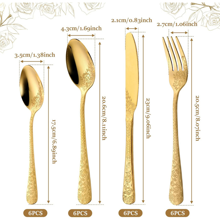 Набір столових приборів 24 предмети для 6 осіб з гравіюванням троянд, нержавіюча сталь, золотий колір - ножі, виделки, ложки, поліровані, для посудомийної машини, святковий