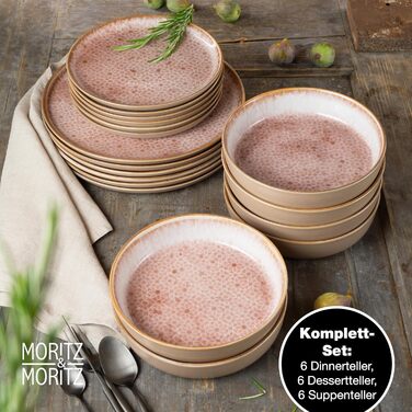 Moritz & Moritz TERRA 18-piece Dinnerware Set - 6 Place Settings - Plate Set in delicate Terracotta from high-quality porcelain - Dinnerware Set for 6 with 6 dinner plates, dessert plates, and bowls each - Terracotta 18-piece Dinnerware Set