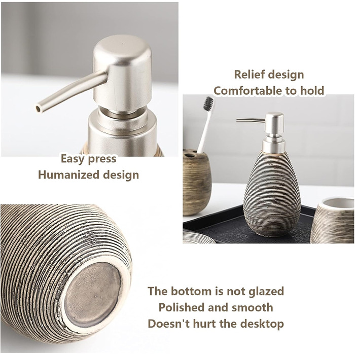 Набір аксесуарів для ванної кімнати Tauzveok з кераміки, 6 предметів: дозатор мила, тримач для зубних щіток, мильниця, стаканчик та підставка. Колір: коричневий.