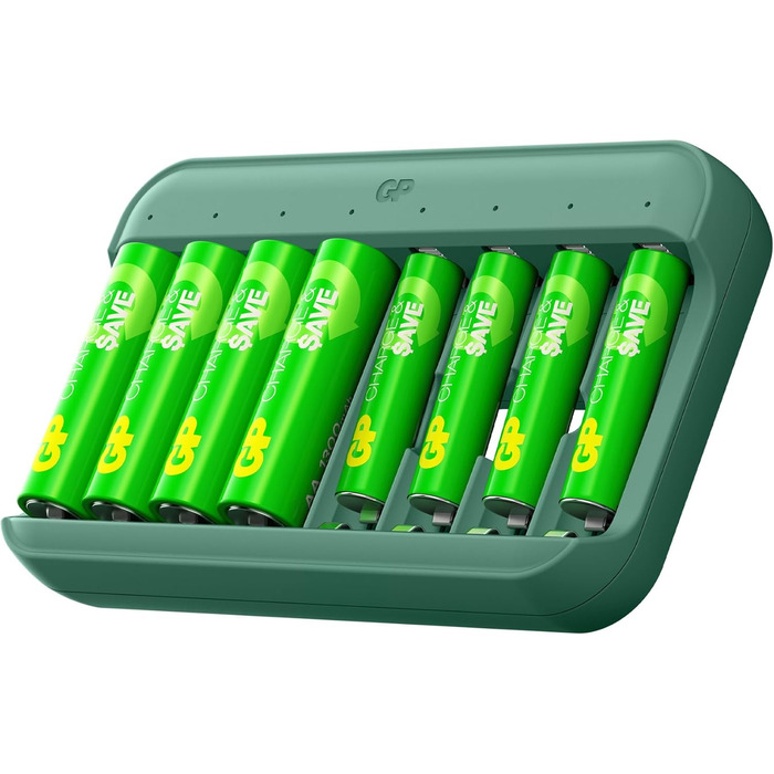 Зарядний пристрій для акумуляторів GP Charge&Save AA AAA з USB-C, 4 слоти, швидка зарядка, LED-індикатор, компактний дизайн