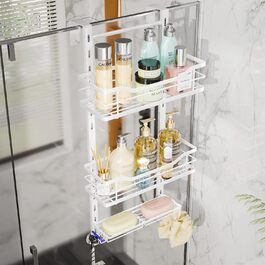 SWTYMIKI Adjustable Hanging Shower Shelf - No-Drill Shower Shelf for Glass Door, Stainless Steel Shower Shelf with Hooks and Soap Holder, Shampoo Holder for Shower, White