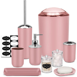 Набір аксесуарів для ванної кімнати IMAVO – 8 предметів (сірий) з відром, дозатором мила, мильницею, тримачем для зубних щіток, тримачем для унітазного йоржика, контейнером для ватних паличок з етикетками (рожевий)