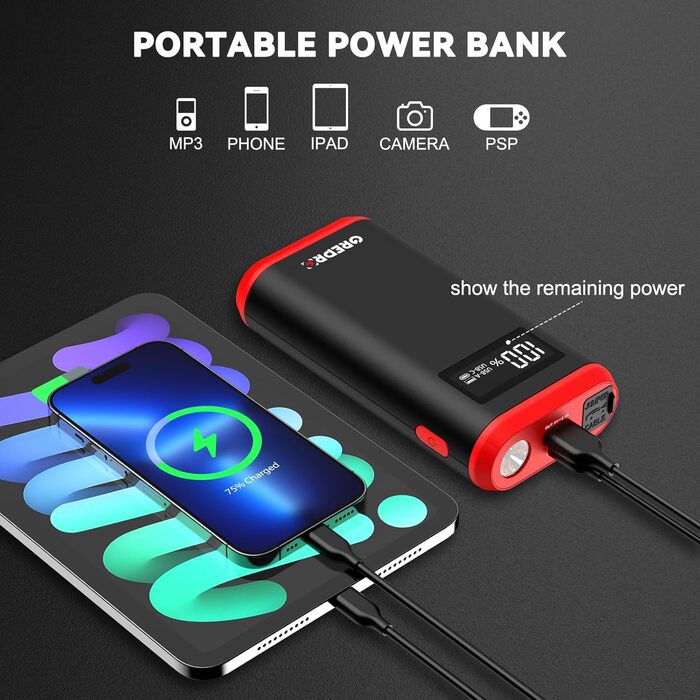Powerbank для авто GREPRO Starthilfe: запуск 10L бензину/8L дизеля, LCD, LED ліхтарик