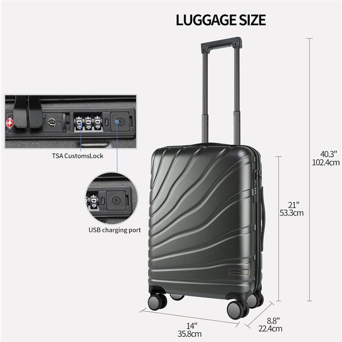 Валіза ручної поклажі Vankean з обертовими колесами та TSA-замком, розширювана, сірого кольору, 20 дюймів