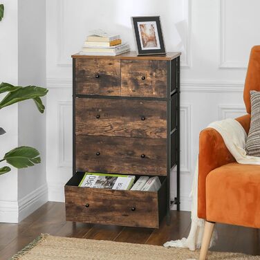 SONGMICS Chest of Drawers, Storage Cabinet, 5 Fabric Drawers, for Entryway, Living Room, White-Oak Finish LTS514W57 (Rustic Brown + Black)
