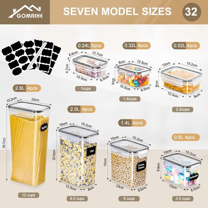 Набір контейнерів для зберігання GoMaihe 16 шт. | Герметичні бокси для кухні, продуктів, кормів для тварин | Пластикові контейнери з кришкою