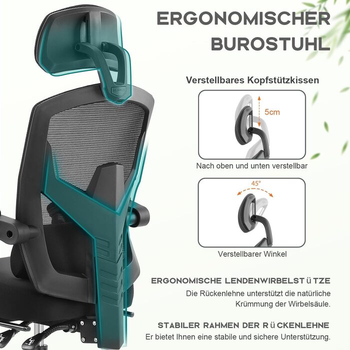 Офісне крісло DUMOS Ergonomisch C-3509 чорного кольору - ергономічне крісло з комфортними підлокітниками, підтримкою попереку та підставкою для ніг, для дому та офісу (26 x 39 x 50.75 inches)