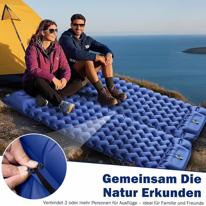 Isomatte Self-Inflating, Ultralight Inflatable Air Mattress, Camping Mattress with Foot Press Pump, Anti-Ripstop Portable Sleeping Pad Outdoor with Pillow for Hiking, Beach, Travel - Army Green (Single, Classic Blue)