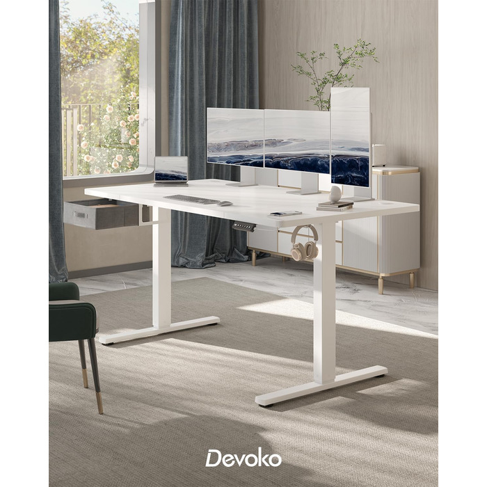 Регульований стіл Devoko 160x80 см з ящиками, USB-порт, органайзер для кабелів, стіл для стоячи роботи з пам'яттю