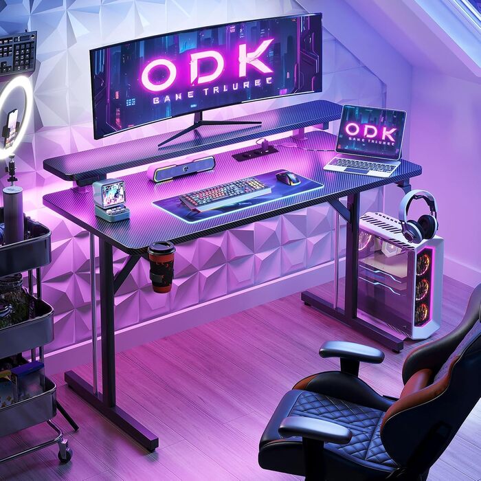 Small LED Gaming Desk with Power Outlets - Carbon Fiber PC Gamer Table 80cm/100cm