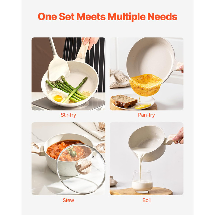 Набір посуду VEVOR з нержавіючої сталі 19 предметів з кришкою з термостійкого скла, антипригарне покриття, для приготування їжі на індукційній плиті, підходить для кемпінгу та дому (білий)