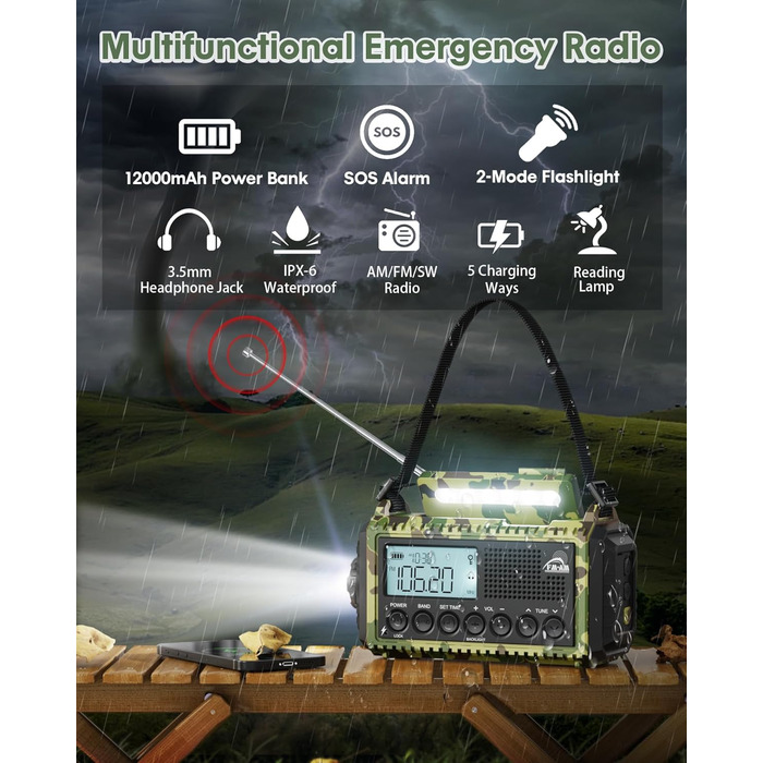 Радіо Kurbelradio на сонячній батареї та з ручкою, 12000mAh, AM/FM/SW, USB-зарядка, SOS-сигнал, ліхтарик, для кемпінгу та надзвичайних ситуацій, зелений камуфляж