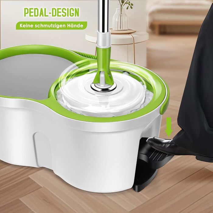 Набір для миття підлоги з відром, 2 в 1: відро для миття з віджимом та моп, моп з педальним віджимом, регульована сталева стійка та 3 мікрофібрових насадок, набір для миття підлоги, відро з педальним віджимом, білий + жовто-зелений