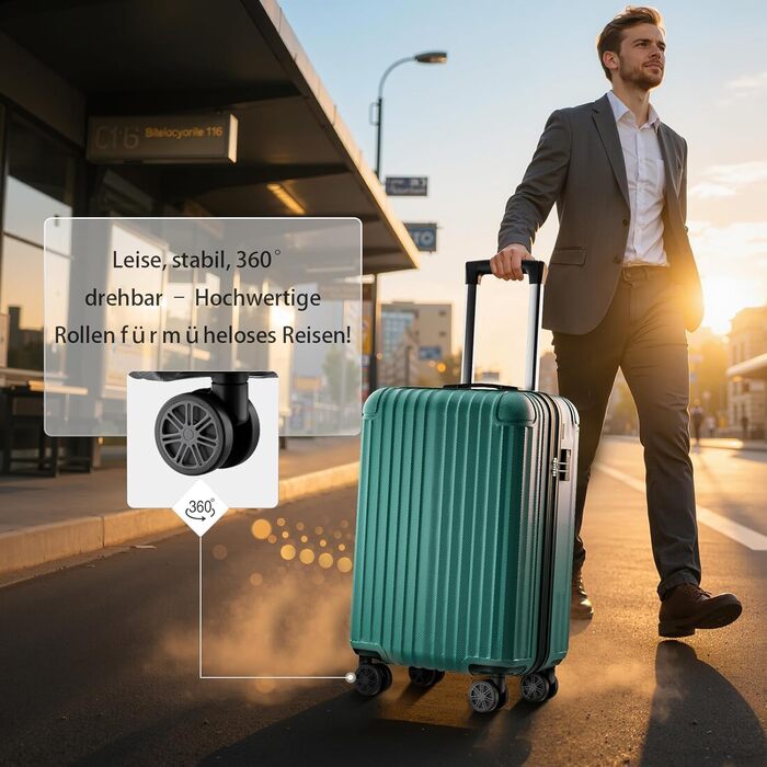 Чемодан 3-х частинний, з жорстким корпусом, темно-зелений. Валіза з 4 колесами та кодовим замком, ручна валіза