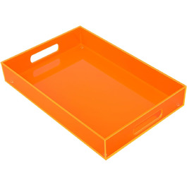 Large acrylic tray with handles, 43.2 x 33 cm, decorative serving platter for food, tea, dinner, snacks, meals, bar, party, neon orange