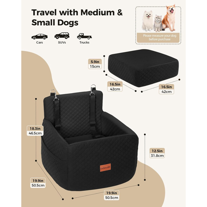 Автокрісло для собак Petcozife - чорний, для собак до 15 кг, знімний, з товстим килимком та 2 страхувальними ременями