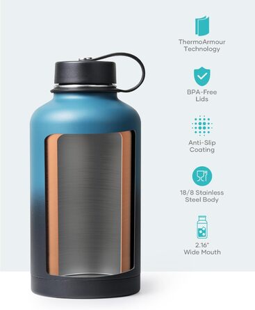 Insulated water bottle, 2 l, stainless steel, with straw lid and flex seal, keeps cold for 48 hours, hot for 24 hours, double-walled, wide opening, BPA-free, leak-proof, Indigo Crush