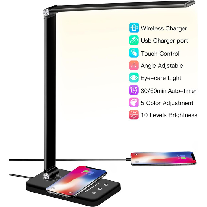 Настільна LED лампа BIENSER 20W з бездротовою зарядкою та USB-портом, 10 рівнів яскравості, 5 режимів світла, таймером та функцією пам'яті, чорна