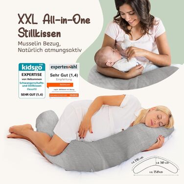 Подушка для вагітних Joyfill Stillkissen XXL: Тестована акушерками, для сну на боці та для годування, з м'якою мусліновою наповнювачем (сірий, 190 см)