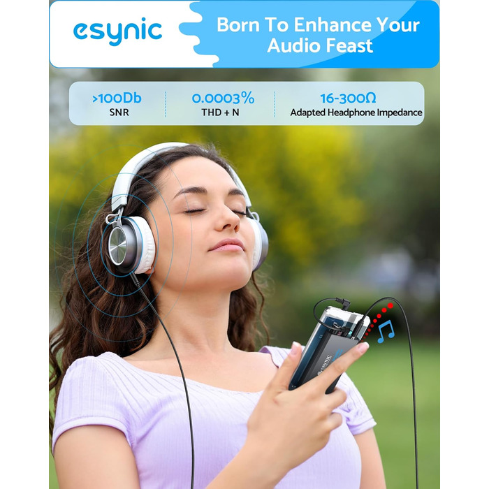 eSynic Професійний підсилювач навушників з підсиленням басів, 16-300 Ом, портативний, 3.5mm, для MP3, MP4, телефонів, комп'ютерів