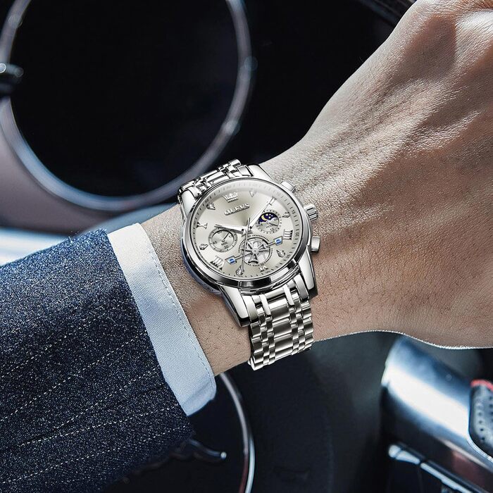 Годинник чоловічий OLEVS Chronograph, водонепроникний, кварцовий, аналоговий, з нержавіючої сталі, великий циферблат, сірий циферблат, срібний браслет