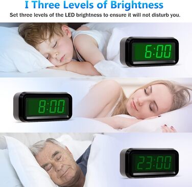 Цифровий годинник-будильник Timegyro з LED-дисплеєм, портативний для подорожей, настільний, з регулюванням яскравості, великий LED-дисплей 1.2' для спальні, вітальні, чорно-зелений